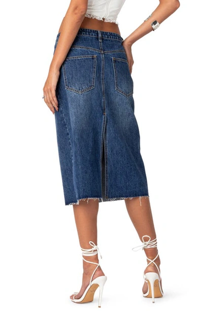 Edikted Mirah Raw Hem Denim Midi Skirt In Dark-blue-washed