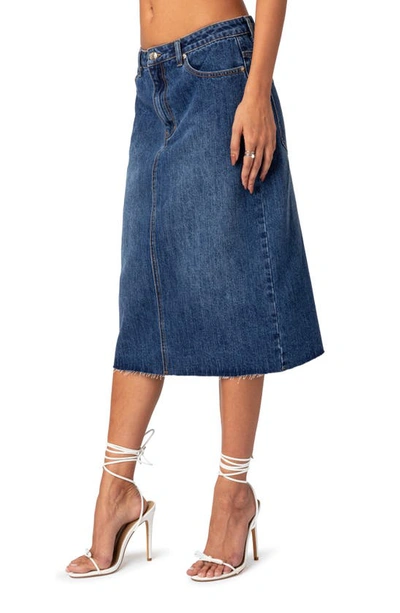Edikted Mirah Raw Hem Denim Midi Skirt In Dark-blue-washed