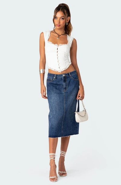 Edikted Mirah Raw Hem Denim Midi Skirt In Dark-blue-washed