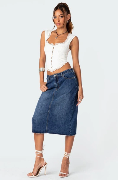 Edikted Mirah Raw Hem Denim Midi Skirt In Dark-blue-washed