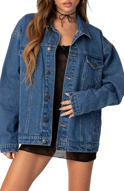 Shop Edikted Dalia Oversize Denim Jacket In Dark-blue