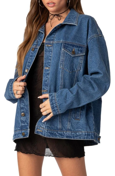 Shop Edikted Dalia Oversize Denim Jacket In Dark-blue