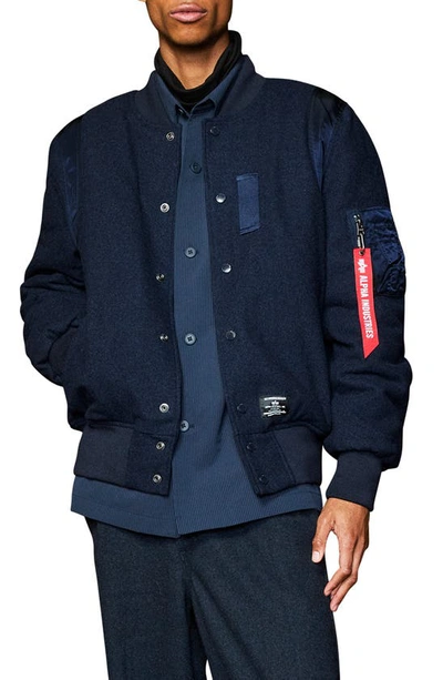 Shop Alpha Industries Wool Blend Varsity Flight Jacket In Replica Blue Heather