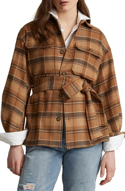 Shop Ralph Lauren Plaid Belted Wool Blend Shirt Jacket In 1482 Brown Multi Plaid