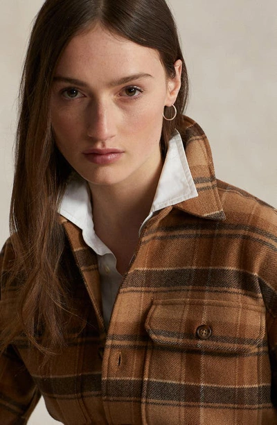 Shop Ralph Lauren Plaid Belted Wool Blend Shirt Jacket In 1482 Brown Multi Plaid