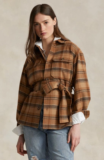 Shop Ralph Lauren Plaid Belted Wool Blend Shirt Jacket In 1482 Brown Multi Plaid