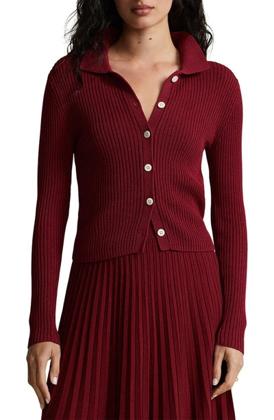 Shop Ralph Lauren Collared Cardigan Sweater In Garnet Red