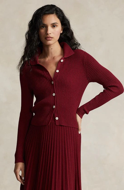 Shop Ralph Lauren Collared Cardigan Sweater In Garnet Red