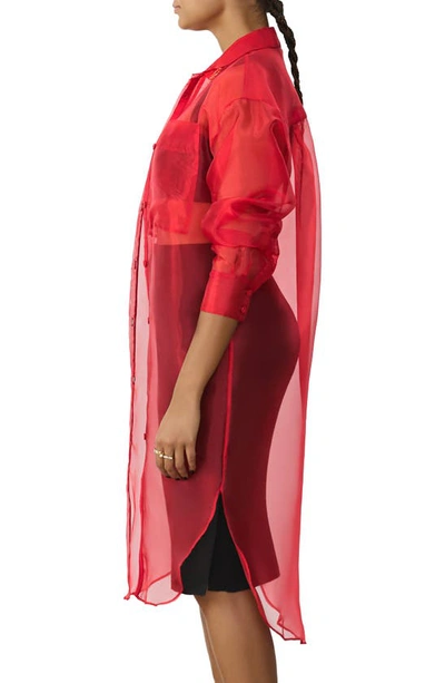 Shop Gstq Sheer Button-up Tunic In Valentine Red