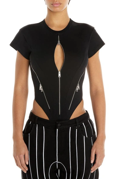 Shop Mugler Zip Detail Organic Cotton Thong Bodysuit In Black