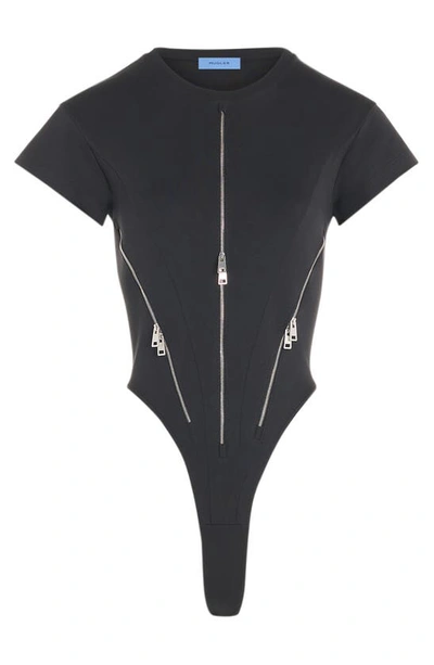 Shop Mugler Zip Detail Organic Cotton Thong Bodysuit In Black