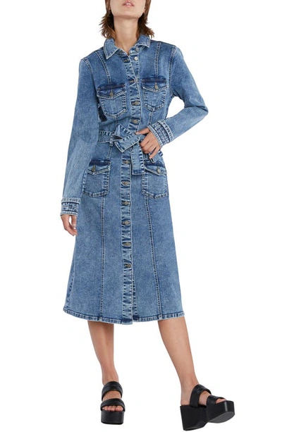 Shop Wash Lab Denim Tie Waist Long Sleeve Cargo Denim Midi Shirtdress In Peace Blue