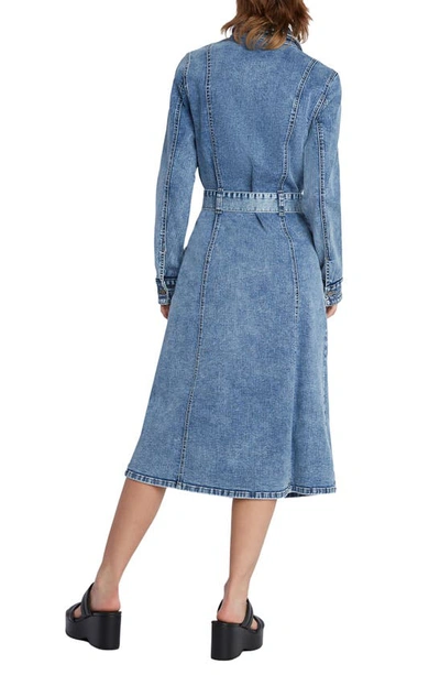 Shop Wash Lab Denim Tie Waist Long Sleeve Cargo Denim Midi Shirtdress In Peace Blue