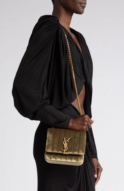 Shop Saint Laurent Small Vicky Velvet Crossbody Bag In Pale Olive