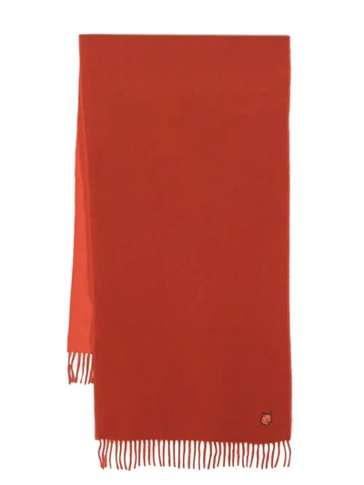 Shop Maison Kitsuné Logo-patch Wool Scarf In Burnt Red/rust