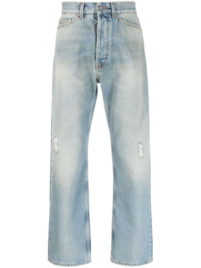 Shop Palm Angels Distressed Straight-leg Jeans In Blue
