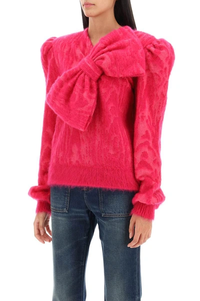 Shop Balmain Moiré-effect Sweater With Maxi Bow In Fuchsia
