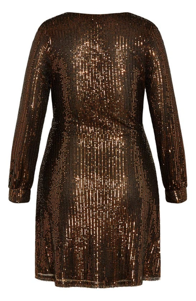 Shop City Chic Sequin Long Sleeve Faux Wrap Cocktail Dress In Bronze