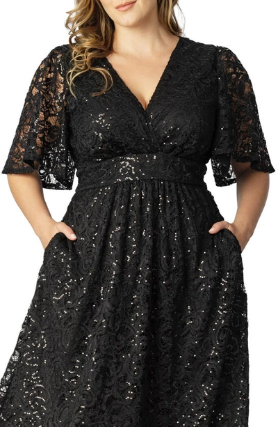 Kiyonna Women's Plus Size Starry Sequined Lace Cocktail Dress In Onyx