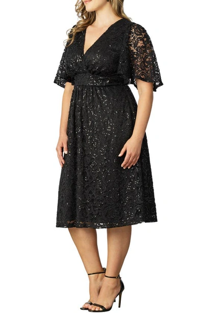 Kiyonna Women's Plus Size Starry Sequined Lace Cocktail Dress In Onyx