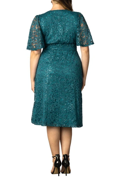 Kiyonna Women's Plus Size Starry Sequined Lace Cocktail Dress In Teal Topaz