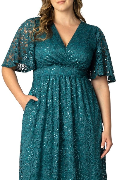 Kiyonna Women's Plus Size Starry Sequined Lace Cocktail Dress In Teal Topaz