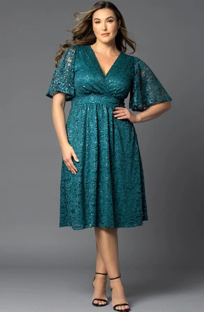 Shop Kiyonna Starry Sequin Lace Fit & Flare Cocktail Dress In Teal Topaz