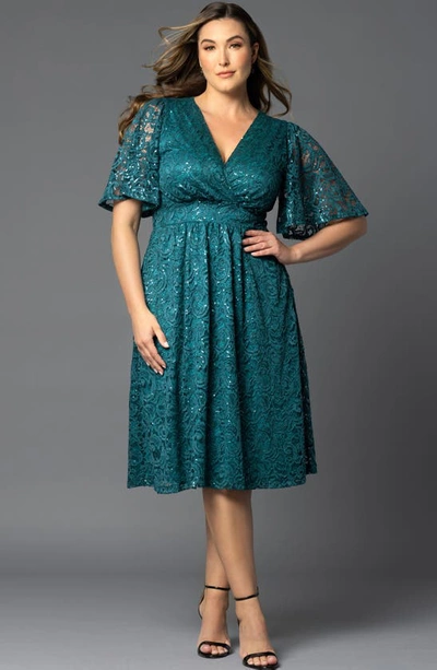 Kiyonna Women's Plus Size Starry Sequined Lace Cocktail Dress In Teal Topaz