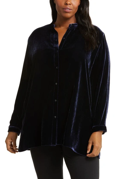 Shop Eileen Fisher Band Collar Velvet Longline Button-up Shirt In Venus