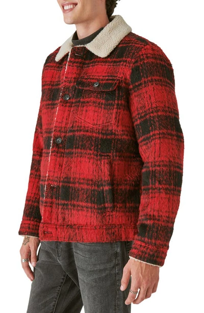 Shop Lucky Brand Plaid Faux Shearling Lined Trucker Jacket In Red Plaid