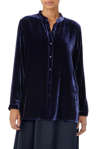 Shop Eileen Fisher Band Collar Velvet Button-up Shirt In Venus