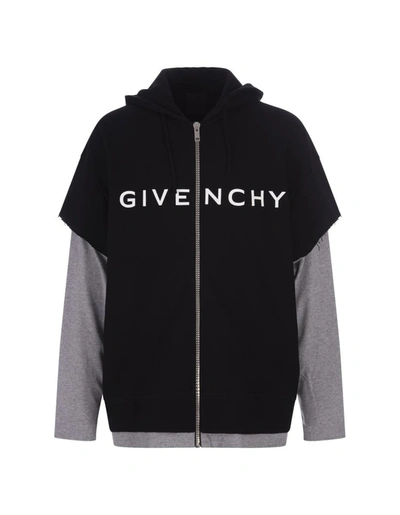 Givenchy Black And Grey Double Layer Zipped Hoodie In Black