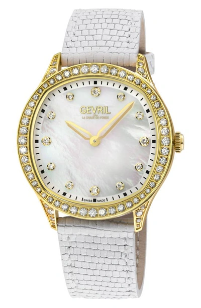 Shop Gevril Morcote Swiss Diamond Leather Strap Watch, 36mm In White