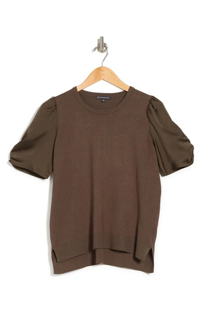 Shop Adrianna Papell Satin Short Sleeve Sweater In Fatigue