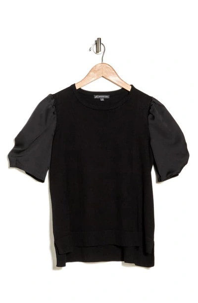 Shop Adrianna Papell Satin Short Sleeve Sweater In Black