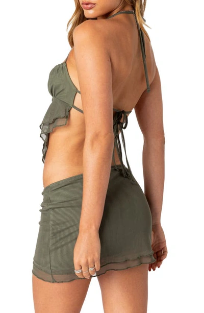 Edikted Ariyah Open Tie Back Ruffle Mesh Top In Olive