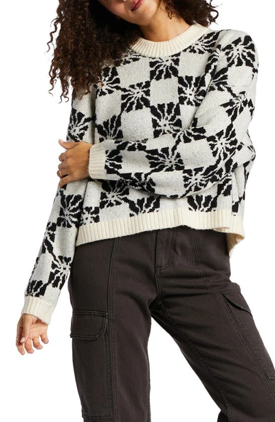 Shop Billabong Beyond Basic Floral Crop Crewneck Sweater In Ivory/ Black Sands