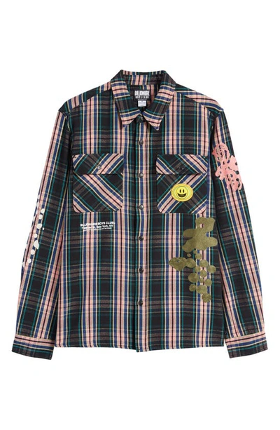 Shop Billionaire Boys Club Mantra Plaid Embroidered Button-up Overshirt In Black