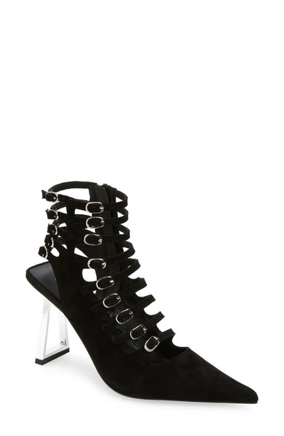 Jeffrey Campbell Cage Buckle Strap Pointed Toe Bootie In Black Suede Silver  | ModeSens