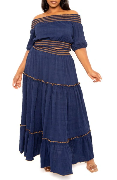 Shop Buxom Couture Smocked Off The Shoulder Puff Sleeve Top & Maxi Skirt Set In Navy