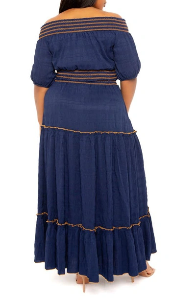 Shop Buxom Couture Smocked Off The Shoulder Puff Sleeve Top & Maxi Skirt Set In Navy