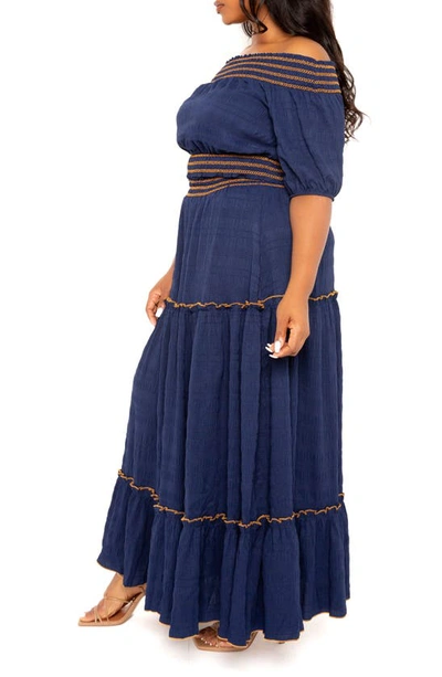 Shop Buxom Couture Smocked Off The Shoulder Puff Sleeve Top & Maxi Skirt Set In Navy