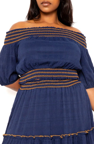 Shop Buxom Couture Smocked Off The Shoulder Puff Sleeve Top & Maxi Skirt Set In Navy