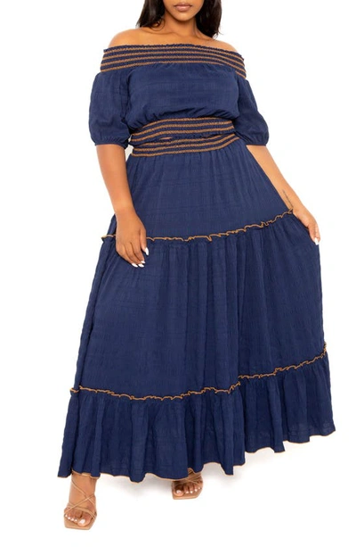 Shop Buxom Couture Smocked Off The Shoulder Puff Sleeve Top & Maxi Skirt Set In Navy