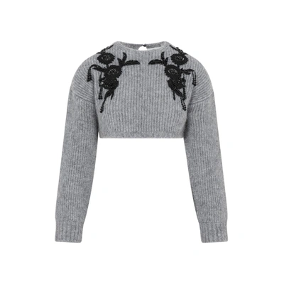 Shop Erdem Cropped Long Sleeve Knit Sweater In Grey