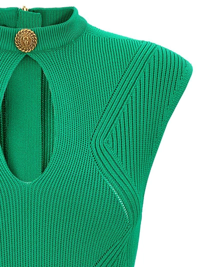 Shop Balmain Logo Button Cut-out Dress In Green
