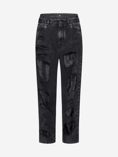 Shop Dolce & Gabbana Logo-tape And Rips Jeans In Black