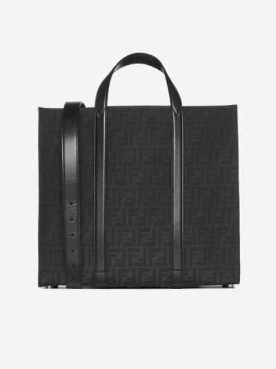 Shop Fendi Ff Jacquard Fabric Tote Bag In Black,silver