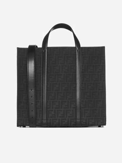 Fendi Structured Monogram Tote Bag With Detachable Strap In Black,silver