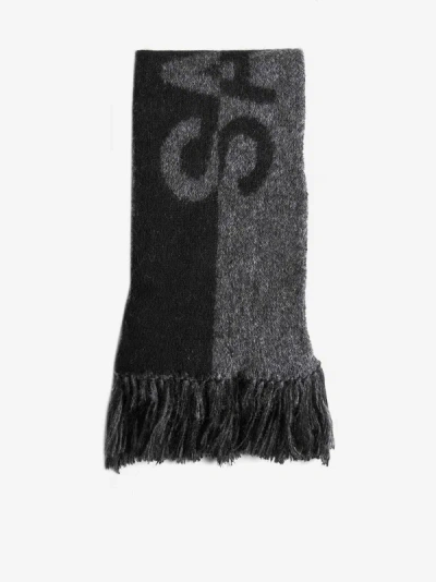 Shop Saint Laurent Logo Wool Scarf In Black,dark Grey